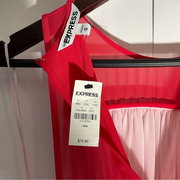 Express NWT’s Colorblock Pink & Red Cinched Waist Built-In Tube Top Dress Sz MD - Picture 2 of 15